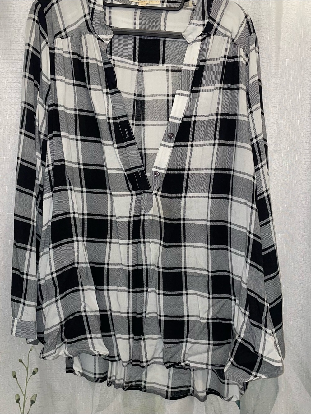 Fun2Fun Plaid Popover Blouse Black White Gray Plus Size 1XL